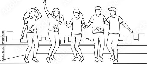 Group of friends dancing joyfully in line vector style, transparent background  