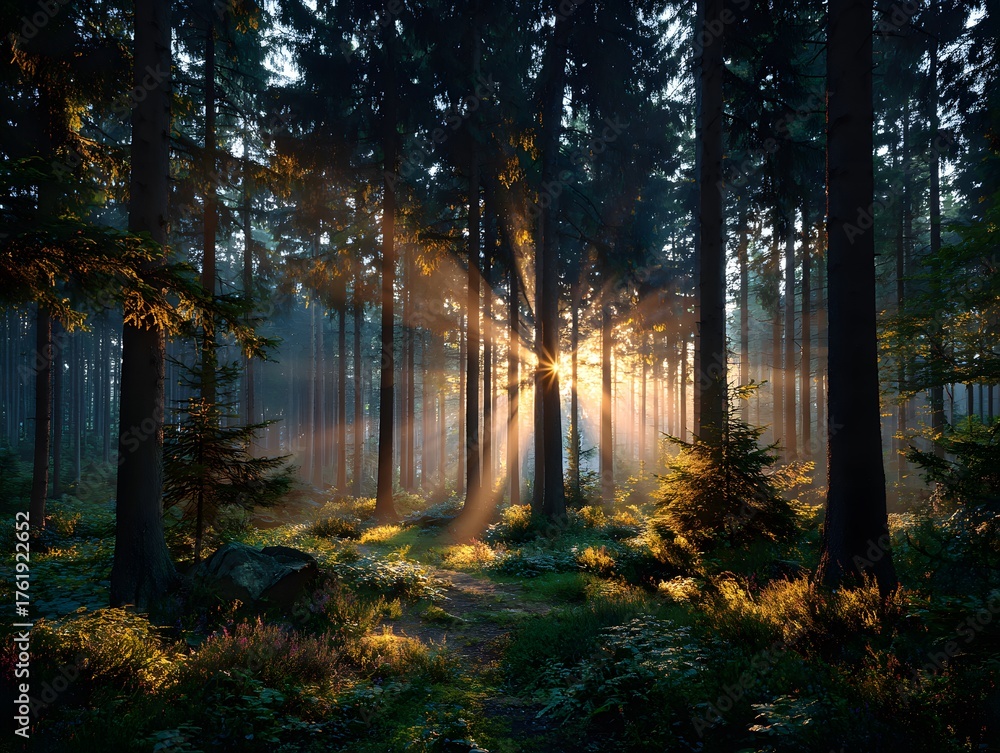 Naklejka premium Breathtaking wide shot of a tranquil forest at dawn, with brilliant golden sunbeams cutting through the tall trees and illuminating the morning mist.