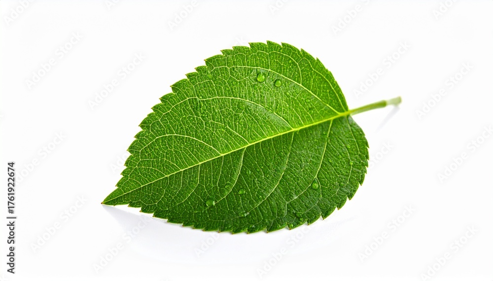 Obraz premium Fresh green leaf with water drops on white background, perfect for nature, ecology, and healthy lifestyle concepts