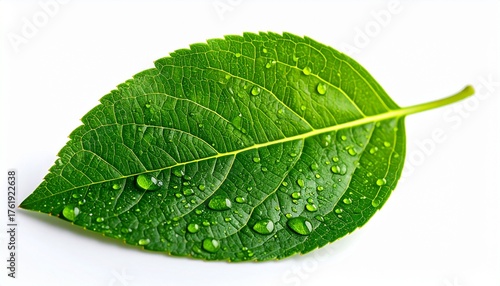 Wallpaper Mural Fresh green leaf with water drops on white background, close-up. Nature, freshness, and growth concept. Torontodigital.ca