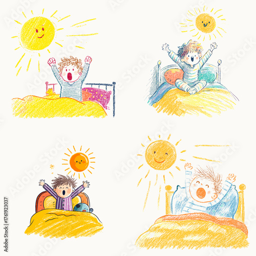 Cute hand-drawn kids waking up happily in the morning with smiling sun and bright colors. Great for children’s books, daily routine posters, or morning activity designs.