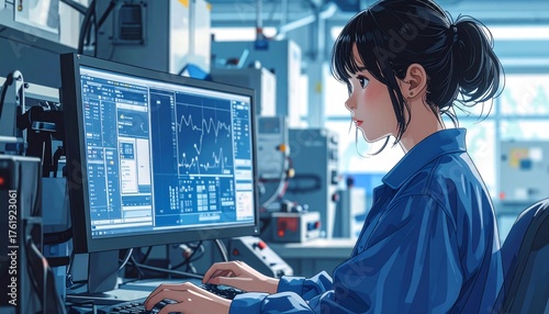 エンジニア、精密機械を操作する女性　AI生成素材