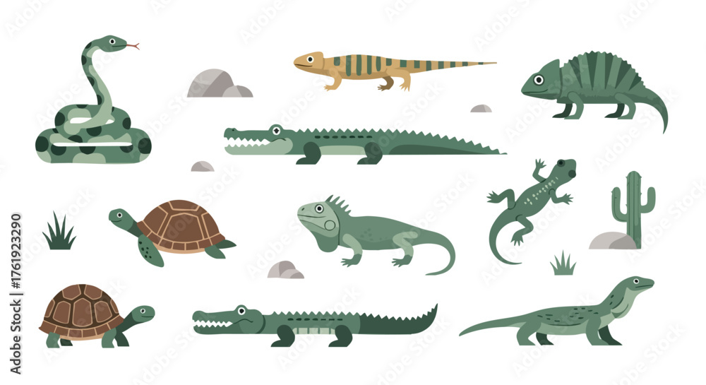 Naklejka premium Flat Reptile Vector Collection with Crocodile, Lizard, Snake, Turtle, Iguana, and Chameleon Illustration