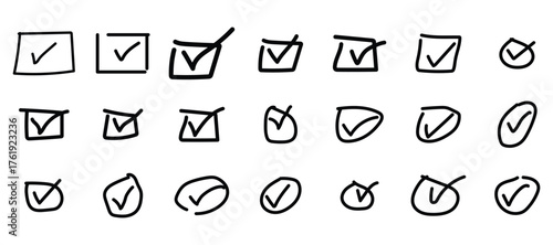 Black line hand-made check mark icon set, check box vector isolated on a white background, check doodle sign and symbol, 