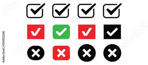 Check mark icon button set, colorful check box and black cross sign and symbol, vector illustration check marks and cross sign icon, 