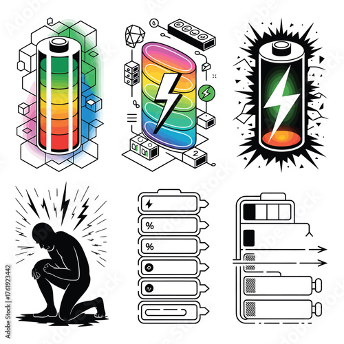 Battery charge indicators showing low energy levels and recharge power