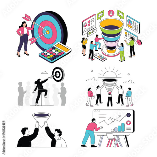 Business strategy and growth illustration showing target market achievement and sales funnel