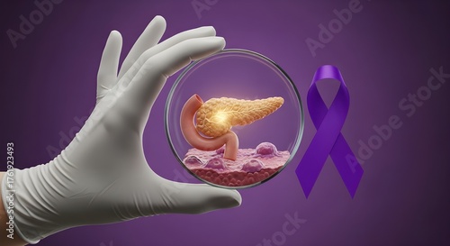 Pancreas Organ in Petri Dish with Purple Ribbon — Pancreatic Cancer Awareness Laboratory Concept