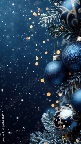 Elegant Christmas scene with blue ornaments and sparkling lights in the snow.