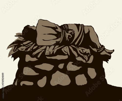 Man With hands tied on altar. Vector drawing