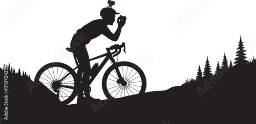 Silhouette of Cyclist Taking Pictures On The Mountain Trail Outdoor Adventure Recreation Sport