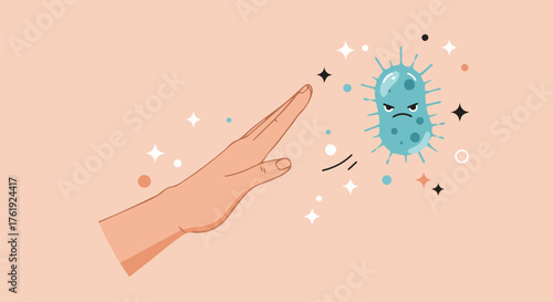 Hand pushing away a germ to prevent illness and maintain good health
