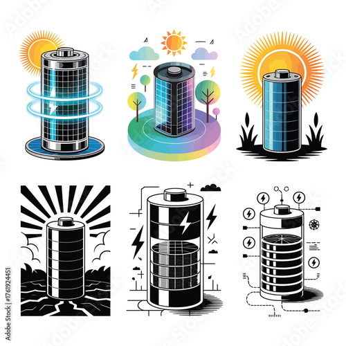 Renewable energy battery concepts showcasing solar power and electrical energy storage