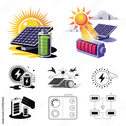 Solar Energy Concept with Panels and Batteries for Clean Power Generation
