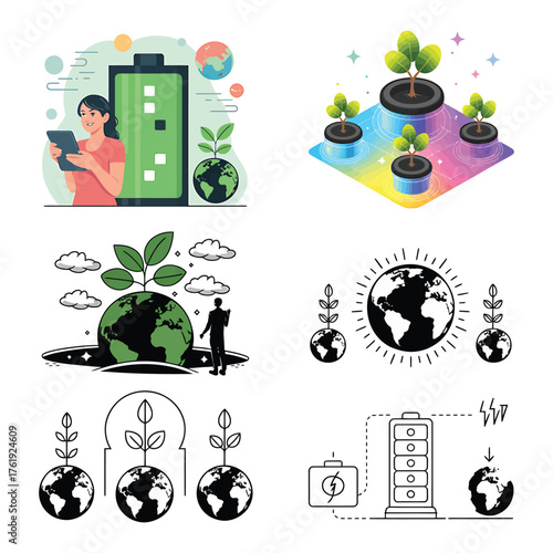Sustainable Energy and Environmental Conservation Concepts with Earth and Technology Illustrations