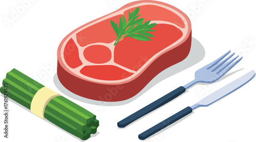 Isometric Raw Beef Steak Dinner with Cutlery Set Up