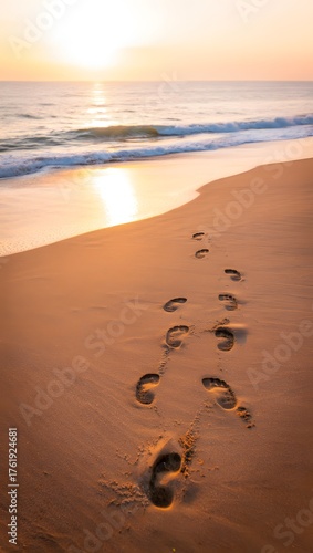 Footprints on the beach sand leading towards the ocean during a beautiful sunset time