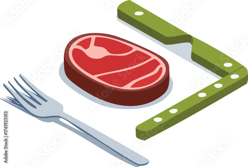Isometric design of a raw steak with a fork and knife