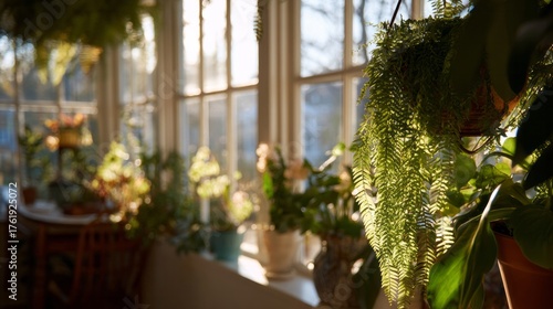 Sunlight spills over a lush window enclave, igniting ferny fronds, crafting nature's nook for Earth Day mindfulness