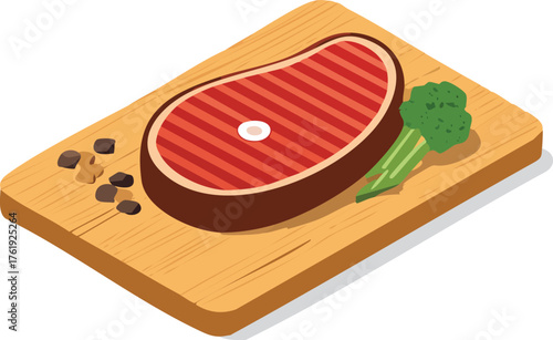 Vector of Raw Steak with Broccoli on Cutting Board