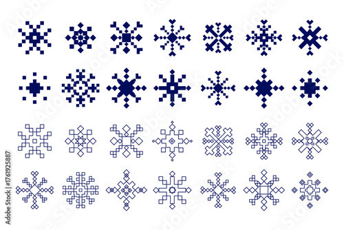 Geometric Snowflake Icons in Solid and Line Art. perfect for winter decorations, digital patterns, holiday cards, embroidery designs, pixel art projects, and web or game interfaces