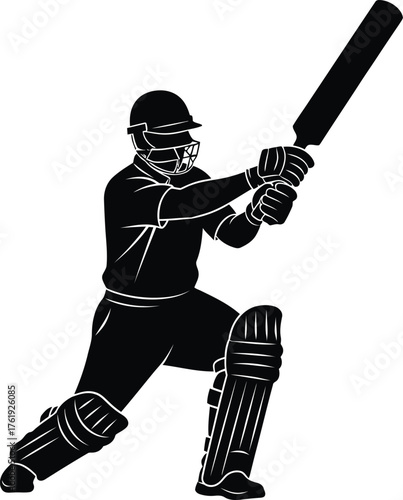 Silhouette of a cricket player batting in action