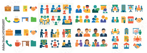 Business teamwork and office icon set collection