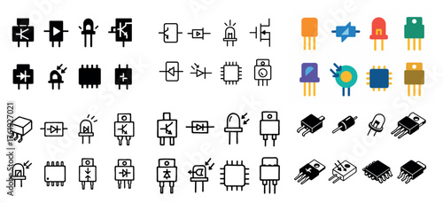Electronic component icons collection in various styles