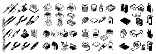 Industrial tools and safety gear icons set