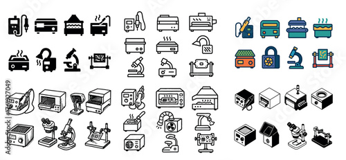 Diverse laboratory equipment and tools icons collection