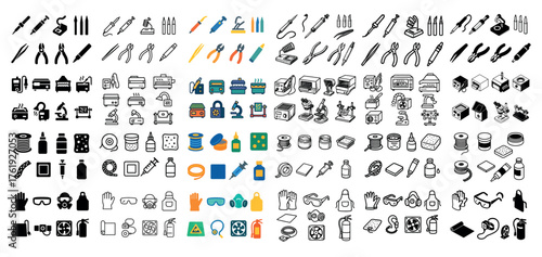 Diverse hardware tools and equipment icons collection