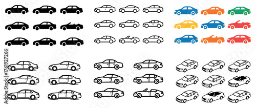 Car icon set in various styles and colors