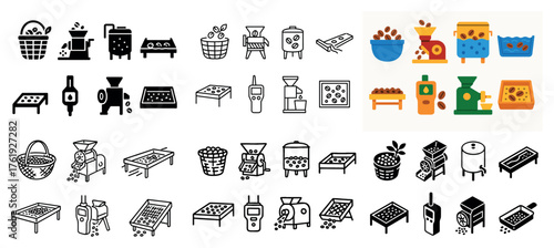 Coffee processing icons set for brewing methods