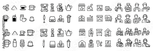 Coffee icons set featuring equipment and people