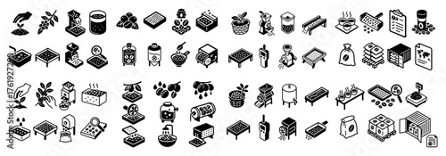 Coffee production icons set in black and white