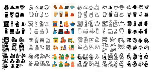 Coffee and cafes icon set in various styles