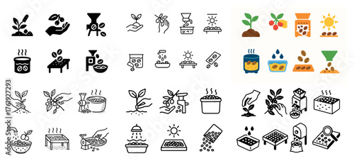 Coffee production process icon set