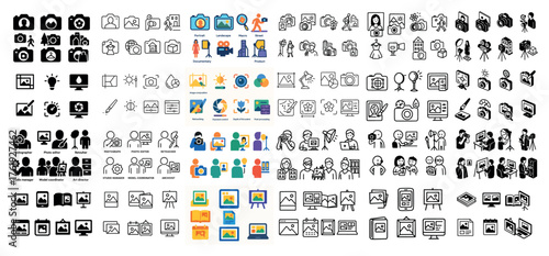 Icon set featuring cameras and people using technology