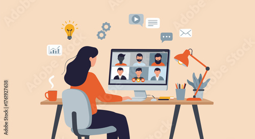 Remote Team Meeting Woman Engaging in a Video Conference from Her Home Office Setup