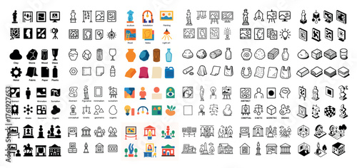 Art icons set showcasing exhibitions and tools