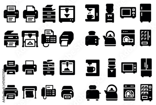 Black and white icons of office and kitchen appliances