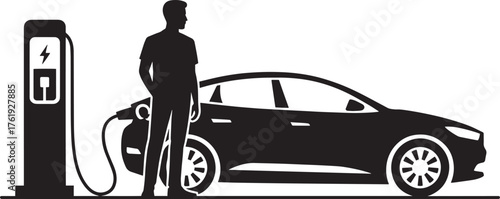 Silhouette Person Charging Electric Car at Charging Station Power Black Vehicle Green