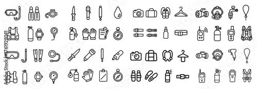 Diving and adventure icons set in black and white