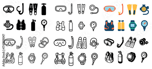 Diving gear icons set: snorkel, mask, tank, fins