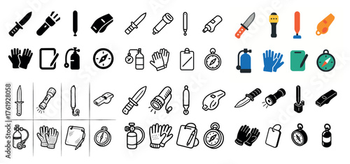 Diving and safety equipment icons collection