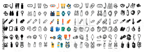 Scuba diving equipment icons and illustrations