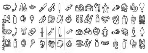Scuba diving equipment icons set