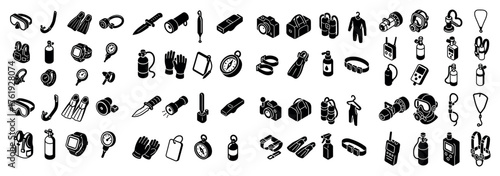 Diving gear icons collection in black and white