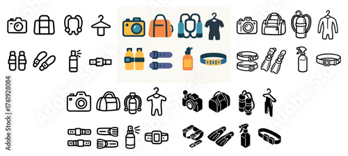 Icons of cameras, belts, bags, and bottles