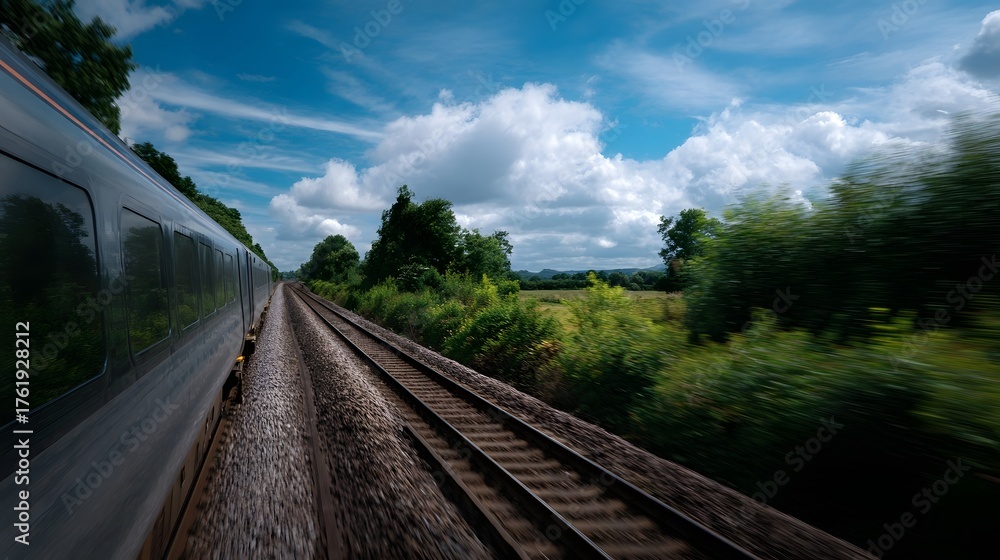 Fototapeta premium A modern train travels rapidly along tracks through lush green countryside under a bright blue sky with fluffy clouds capturing the essence of fast